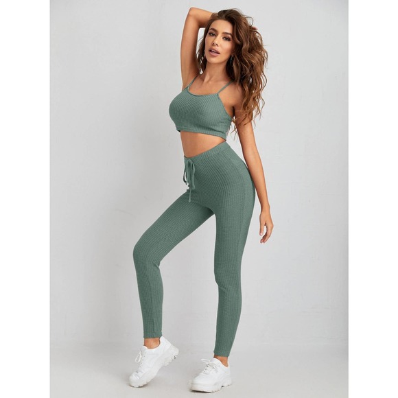 3 piece set: Waffle Knit Tank Top & Leggings & Coat cardigan tan gray - Picture 7 of 16